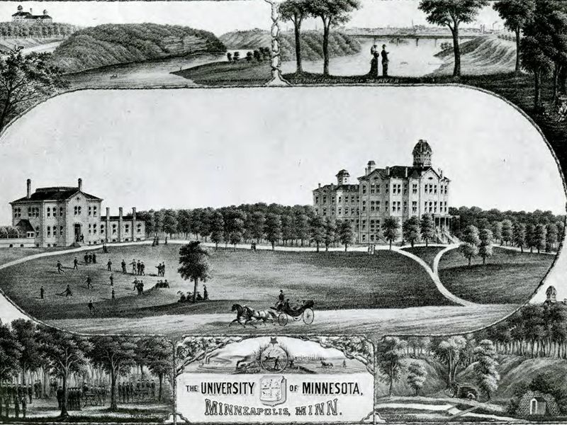 Linograph depicting the earliest iteration of the University of Minnesota