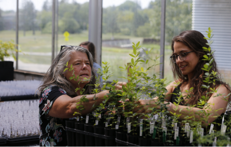 Julie Etterson examines the plants with a student
